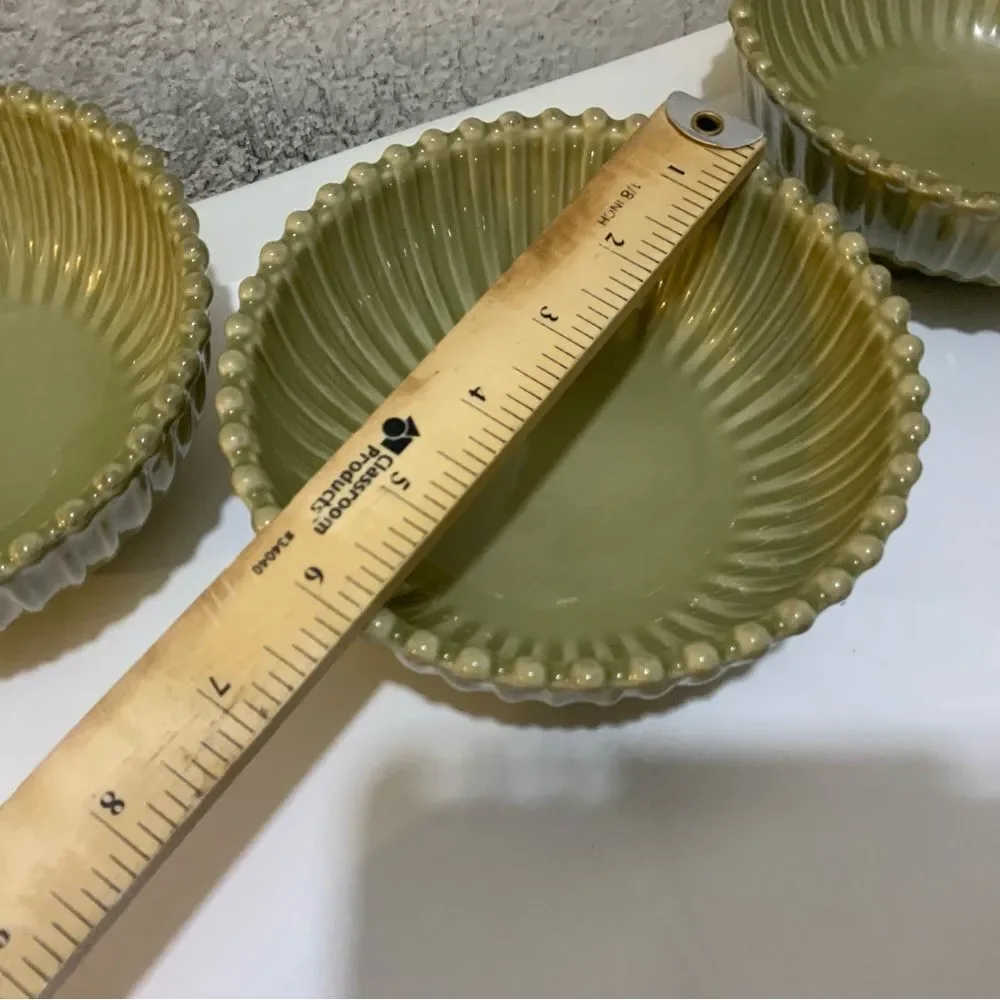 3 Pc Costa Nova Fine Stoneware Pearl Green Dipping Sauce Bowl Beaded Rim